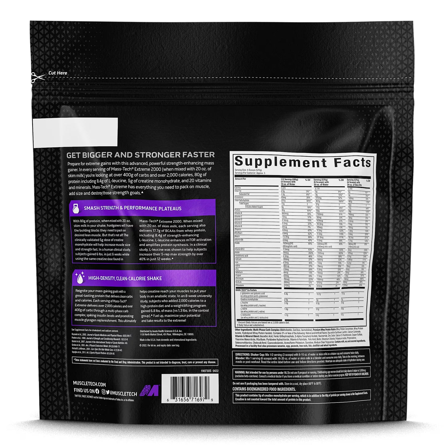 MuscleTech MASS TECH EXTREME 2000 HIGH PROTEIN MASS GAINER VANILLA MILKSHAKE- 12LBS